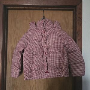 Girls' Red Houndstooth Puffer Jacket with Bow Trim